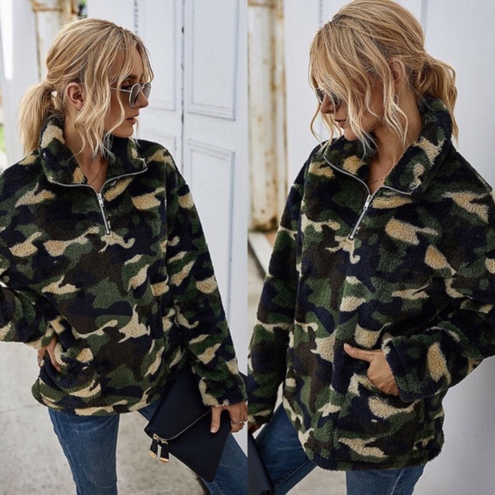 teddy zipper pocket camo print pullover sweater